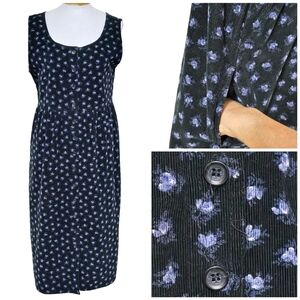 Vtg LL Bean Pinwale Corduroy Sz 12P Overall Jumper Dress Dark Floral Pinafore
